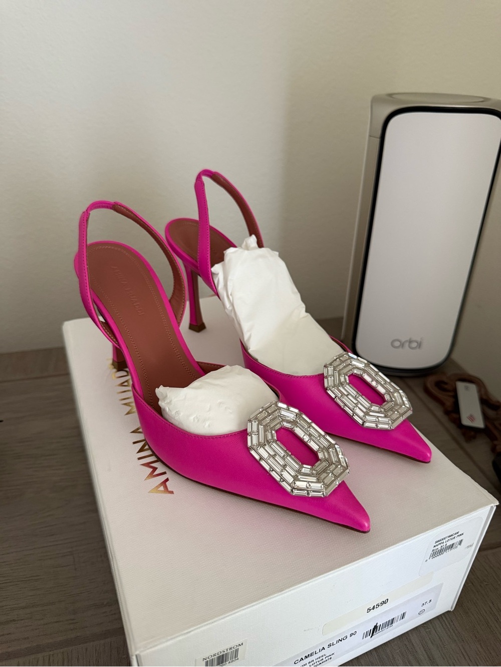 Amina Muaddi Hot Pink Jeweled Pointed Slingback Heels